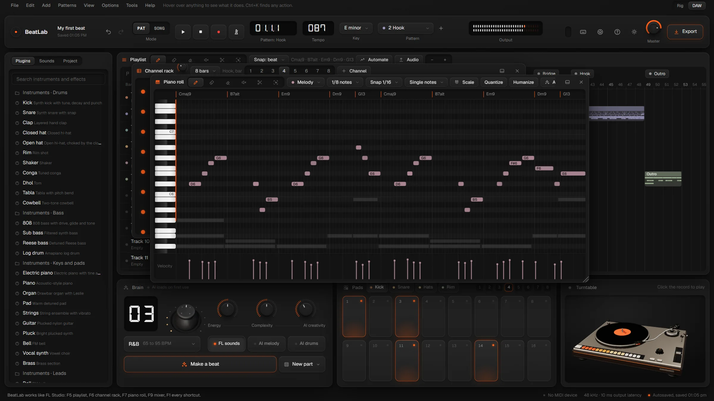 BeatLab in the DAW layout: a browser on the left, the playlist, and the channel rack and piano roll as floating windows