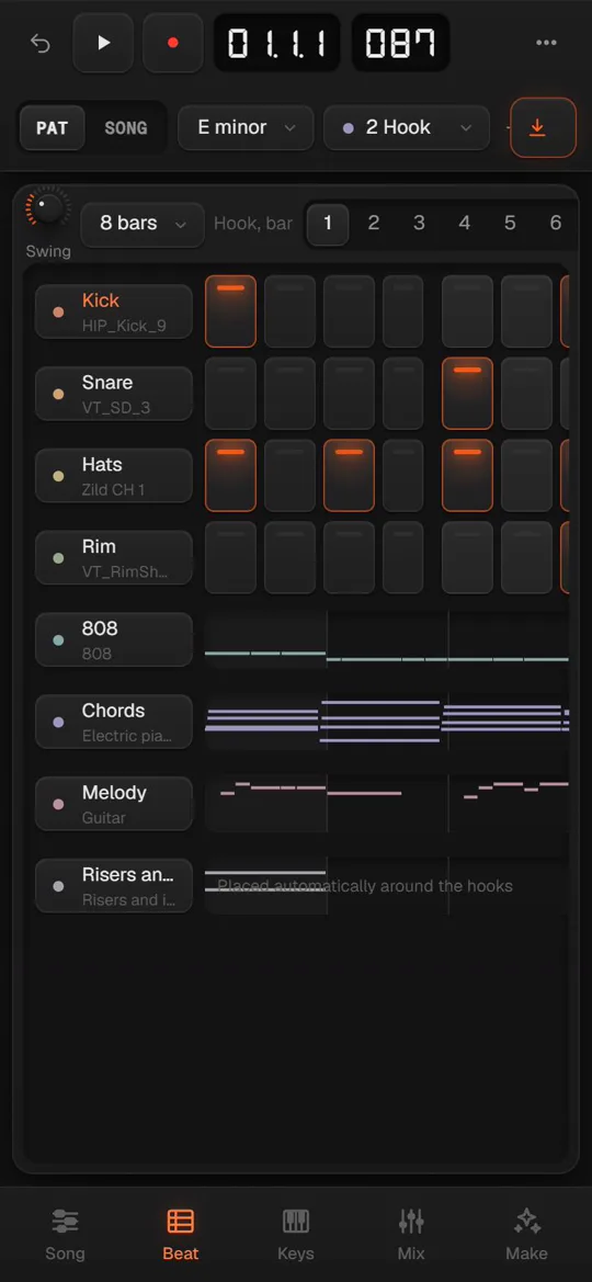 BeatLab on a phone: the step sequencer with kick, snare and hats