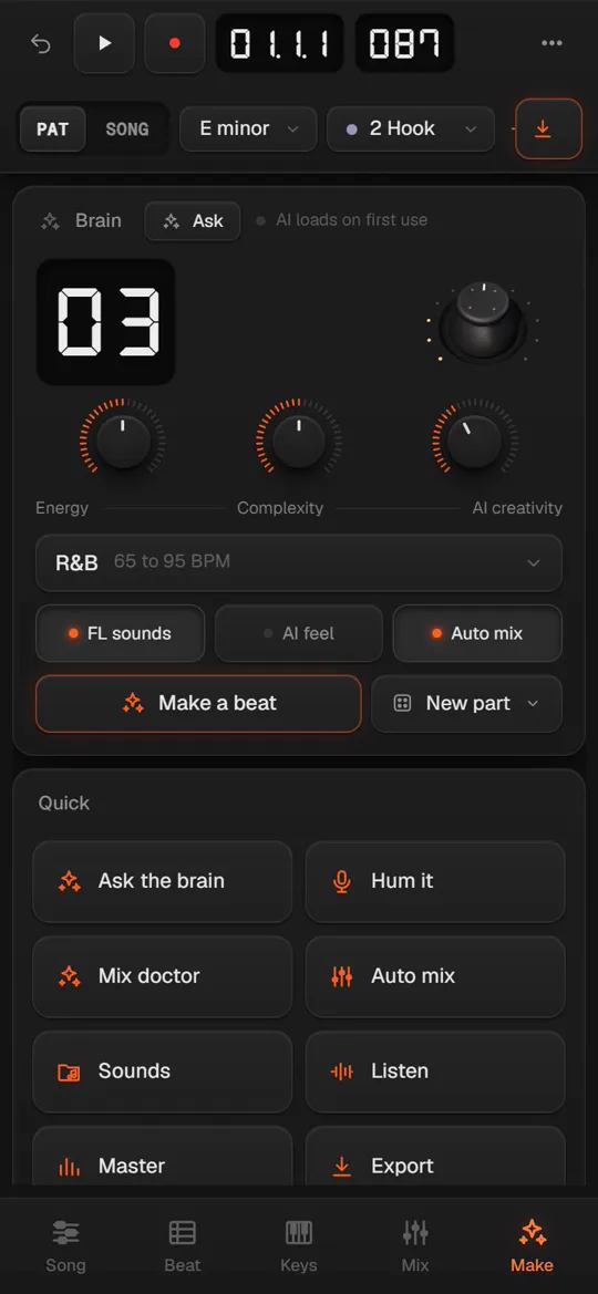 BeatLab on a phone: the brain, Make a beat and quick buttons for humming and the mix doctor