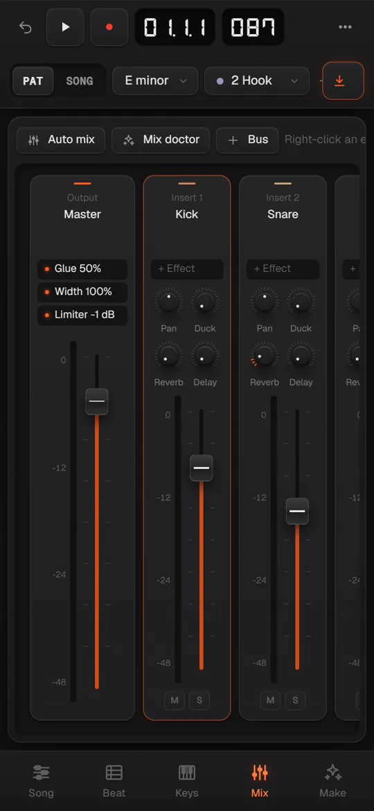BeatLab on a phone: mixer strips with faders and knobs