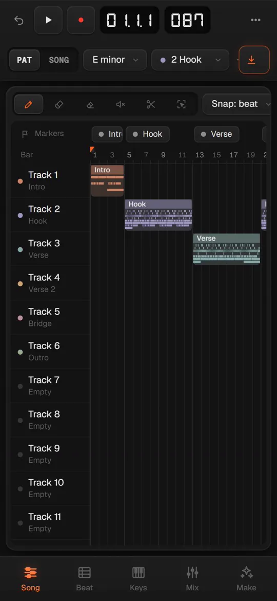 BeatLab on a phone: the song's playlist with clips on tracks, and the tab bar